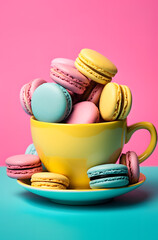 Colorful macaroons in a  yellow cup. Pastel pink and blue background.