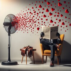 A fan that sends red hearts to a man who reads a newspaper. - obrazy, fototapety, plakaty