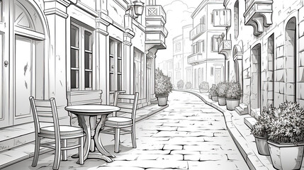 Street cafe with tables and chairs in the old European town. Sketch illustration for coloring book.