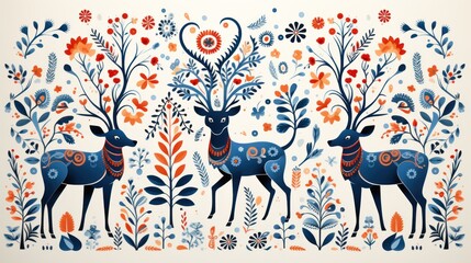  a couple of deer standing next to each other in front of a flower filled wall mounted on a white wall.