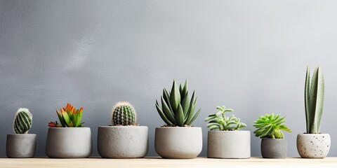 Minimalistic home garden with cacti and succulents on wooden table in cement pots. Grey walls. Stylish concept. Copy space.