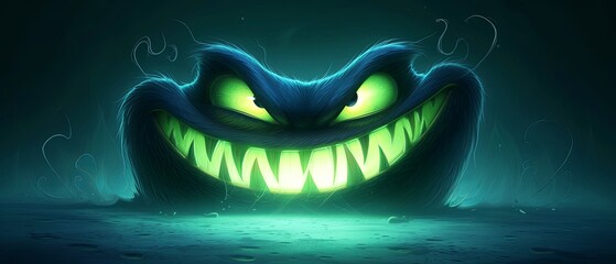 glowing large green eyes, big grin with sharp white teeth, evil smile