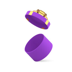 Purple empty circle gift box with open flying lid and golden bow ribbon 3d icon realistic vector
