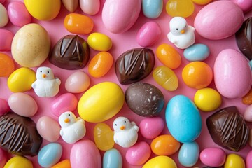 Fototapeta na wymiar a vibrant Easter candy flat lay assortment of jelly beans, chocolate eggs, and marshmallow chicks