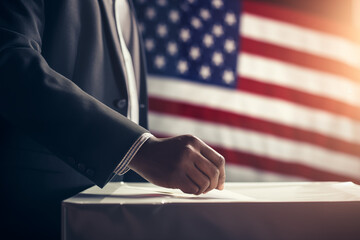 Male hand in elegant suit putting voting card into the ballot box, Presidential election 2024 in United States of America. USA flag background. - obrazy, fototapety, plakaty
