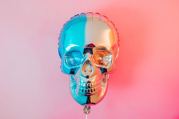Skull shaped helium balloon. Inflatable balloon in a shape of human skull on pastel background. Halloween party, skeleton jokes and congratulations - obrazy, fototapety, plakaty