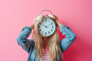 Woman hiding her face with alarm clock. Time management, schedule, deadline, time concept. Flow of time, rush and hurry, timing, organizing, planning, punctuality, lack of free time. Don't be late!