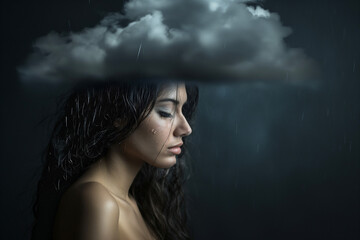 Upset woman with a dark rain cloud above her head, depression, loneliness, negative thoughts, stress, crying, bad mood, heavy thoughts, dark clouded mind. Mental health and social issues concept