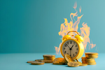 Burning alarm clock with golden coins. Lost investments, burnt savings, inflation concept. Temporary financial difficulties, time out or deadline, wrong decisions. Money on fire, hot sale, shopping.