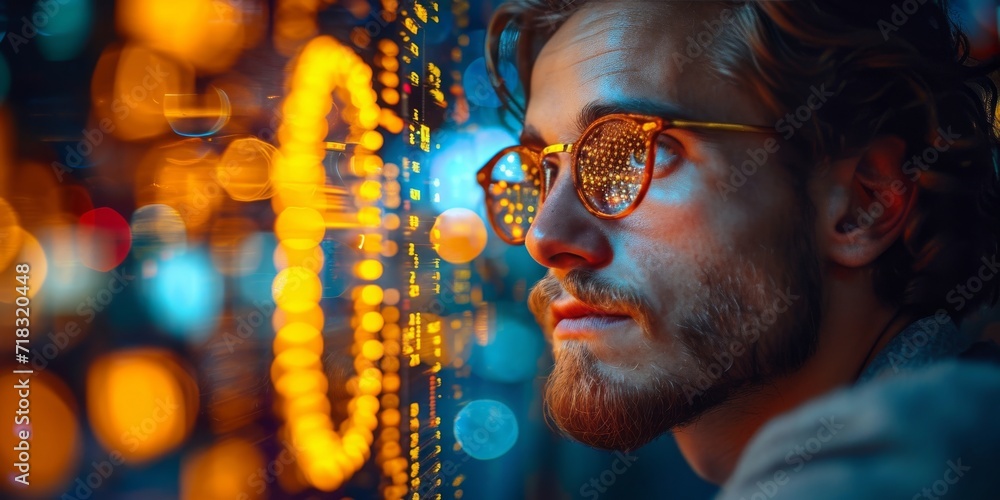 Poster man in contemplation facing a luminous digital interface overlaying the cityscape, symbolizing the i