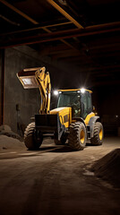 Obraz premium A yellow backhoe loader with headlights on stands ready for operation inside a dark warehouse.