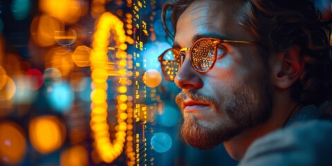 Man in Contemplation Facing a Luminous Digital Interface Overlaying the Cityscape, Symbolizing the Intersection of Urban Life and Technology, Generative AI