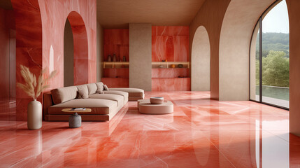 modern pink peach living room with marble