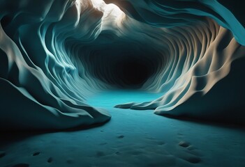3D Rendered Cave with Blue and Turquoise Undulating Surfaces Dark Hole