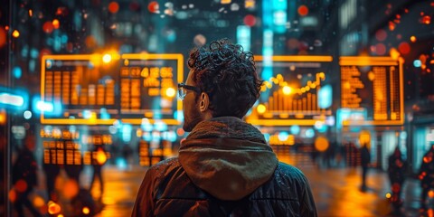 Fototapeta premium Man in Contemplation Facing a Luminous Digital Interface Overlaying the Cityscape, Symbolizing the Intersection of Urban Life and Technology, Generative AI