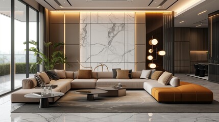 Big and luxurious sofa in contempary living room, 3D rendering