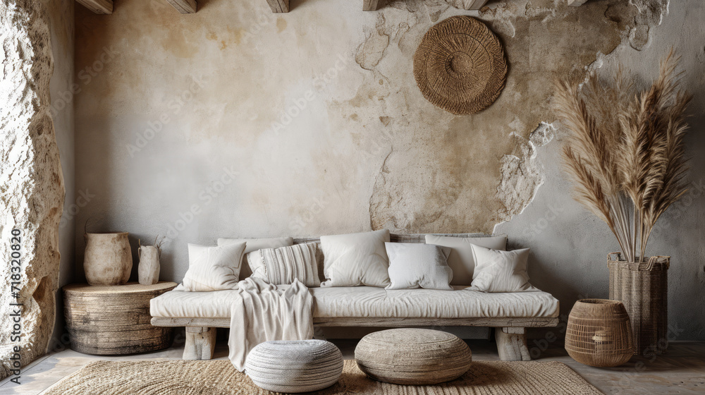 Wall mural Wall mockup in nomadic boho interior background with rustic decor, . Generative Ai