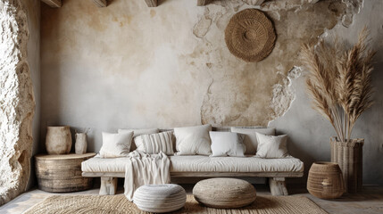 Wall mockup in nomadic boho interior background with rustic decor, . Generative Ai
