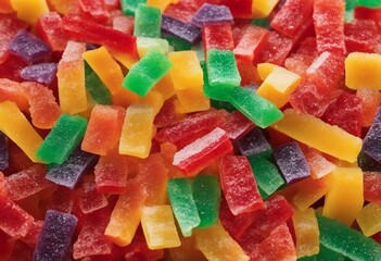 Brightly colored fruit roll candy strips covered in sugar crystals top view close up Delicious sweets