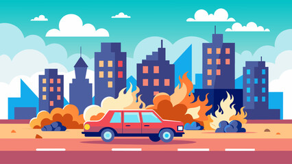 Fototapeta premium Car fire in urban setting vector illustration with cityscape