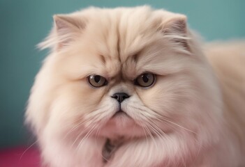 Close up portrait of a cream colored angry Peke-face Persian cat which has an extremely flat face Bossy cat