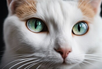 Close up portrait of a white cat with green eyes looking directly at viewer