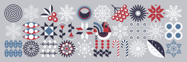 Ukrainian folk floral background. Scandinavian style. Winter motifs. Merry Christmas and Happy New Year! Geometric abstraction. Minimal illustration.