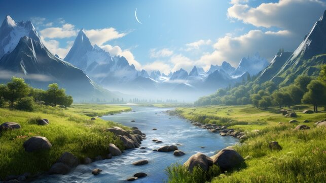  a painting of a river running through a lush green field next to a mountain range with a moon in the sky.