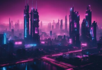 Cyberpunk Cityscape with Blue and Pink Neon lights Night scene with Advanced Superstructures Skyscrapers and Roads