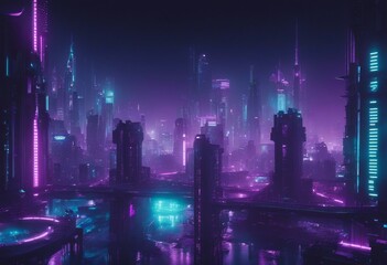 Cyberpunk Metropolis with Purple and Cyan Neon lights Night scene with Futuristic Superstructures - obrazy, fototapety, plakaty