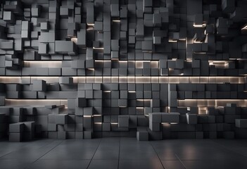 Dark Concrete wall background with integrated White light strips Geometric Tech Wallpaper Wall Made of Squares