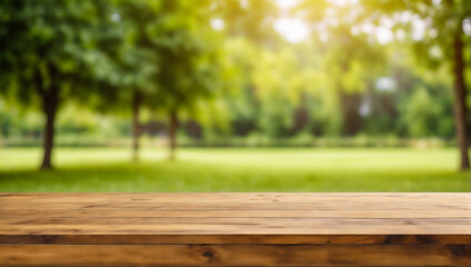 Naklejka na ściany i meble An empty wooden plane table on a blurred background of a city park on a summer day