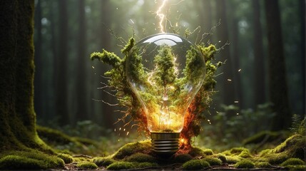 Creative light bulb with  plant in nature, Sustainable development concept. Light bulb with green grass on foliage background. Generative AI
