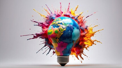 Creative light bulb explodes with colorful paint and colors on light background. Color splash in earth bulb with colorful background. New idea, brainstorming concept. Generative AI
 - obrazy, fototapety, plakaty