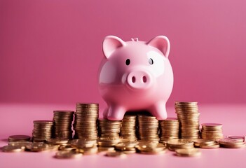 Pink piggy bank next to coin stacks Money saving finance concept