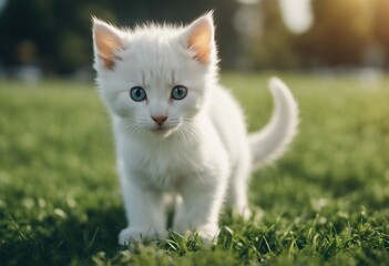 Fluffy white kitten standing with both paws on green grass looking directly at viewer close up