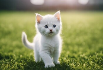 Naklejka na ściany i meble Fluffy white kitten standing with both paws on green grass looking directly at viewer