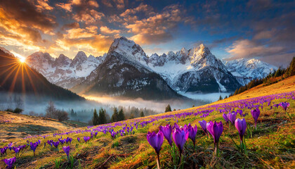 Fioletowe krokusy na polanie w górach, krajobraz	
