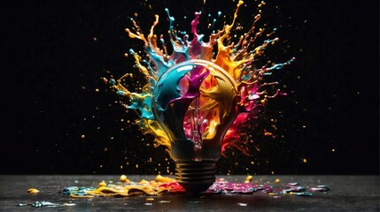 Creative light bulb explodes with colorful paint and colors on dark background. Color splash in bulb with colorful background. New idea, brainstorming concept. Generative AI