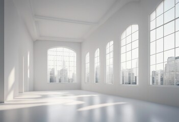 Empty White Room with White Floor Window illuminates the space with bright natural lights