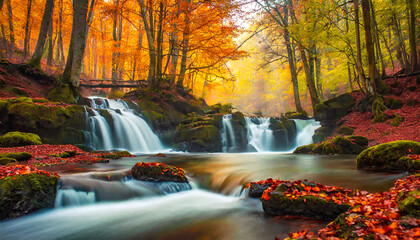 Jesienny las o świcie, rzeka i wodospady, krajobraz - obrazy, fototapety, plakaty