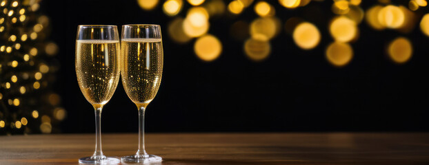  Champagne for festive cheers with gold sparkling bokeh background. Glasses of sparkling wine in front of tender bright gold bokeh. Horizontal background for celebrations and invitation cards - obrazy, fototapety, plakaty