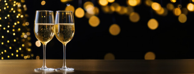  Champagne for festive cheers with gold sparkling bokeh background. Glasses of sparkling wine in...