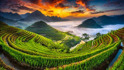Zielone pola ryżowe na tle gór we mgle, Wietnam - obrazy, fototapety, plakaty
