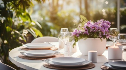  a table is set with plates, glasses, and a vase with purple flowers in the center of the table.