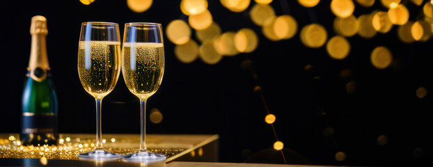  Champagne for festive cheers with gold sparkling bokeh background. Glasses of sparkling wine in front of tender bright gold bokeh. Horizontal background for celebrations and invitation cards © Master old