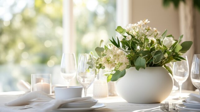 a vase filled with white flowers sitting on top of a table next to a white plate and a wine glass.