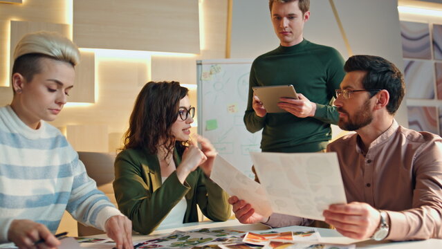 Group coworkers developing project in conference room close up. Business team 