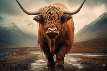 A highland yak with massive horns standing on the side of a dirt road. Generative AI 