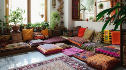 Bohemian living room with eclectic patterns and a mix of floor cushions and low seating
